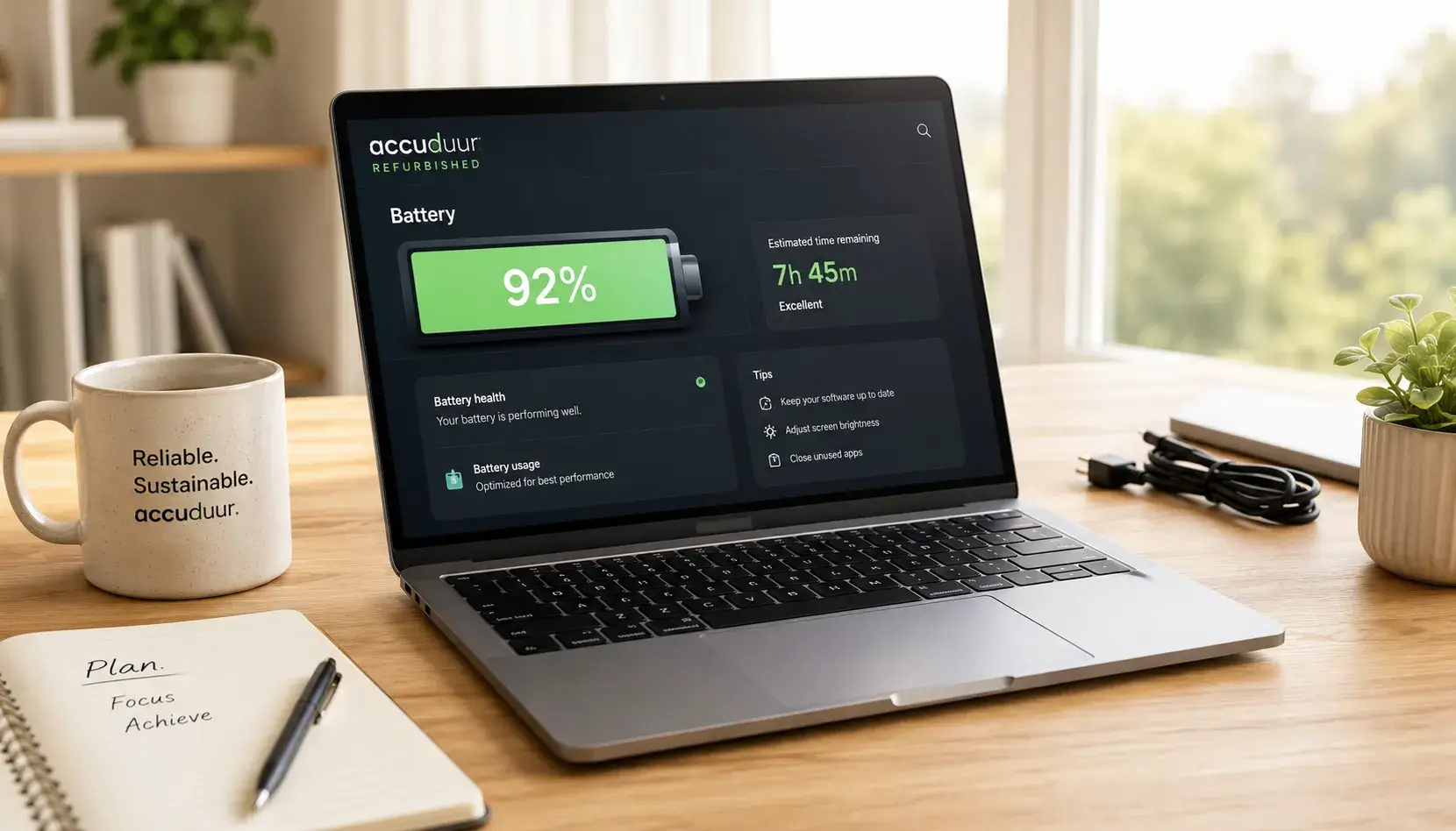 Refurbished laptop waarvan de accu wordt gecontroleerd op accugezondheid