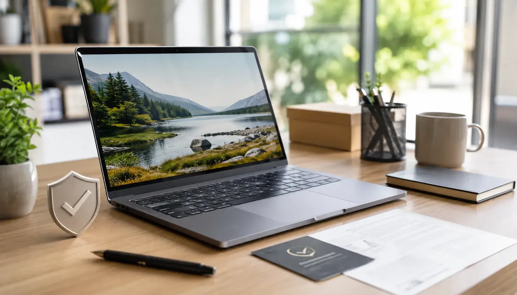 Koper bekijkt de garantievoorwaarden bij een premium refurbished laptop op een bureau