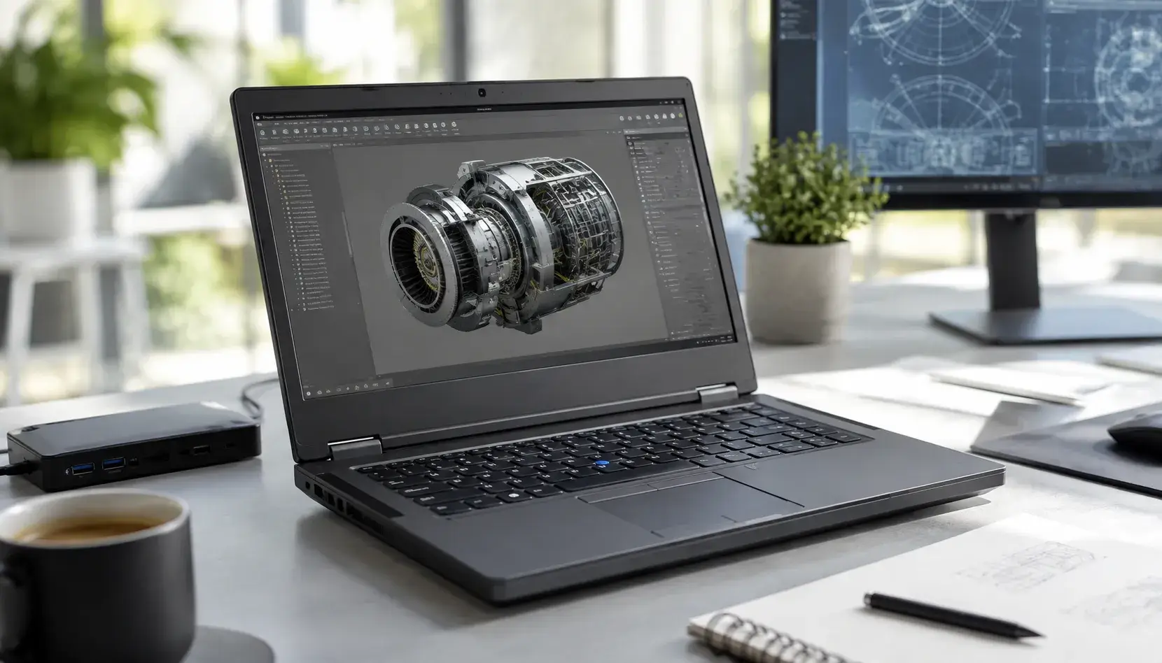 Refurbished mobiel werkstation op een bureau met een 3D-CAD-model op het scherm