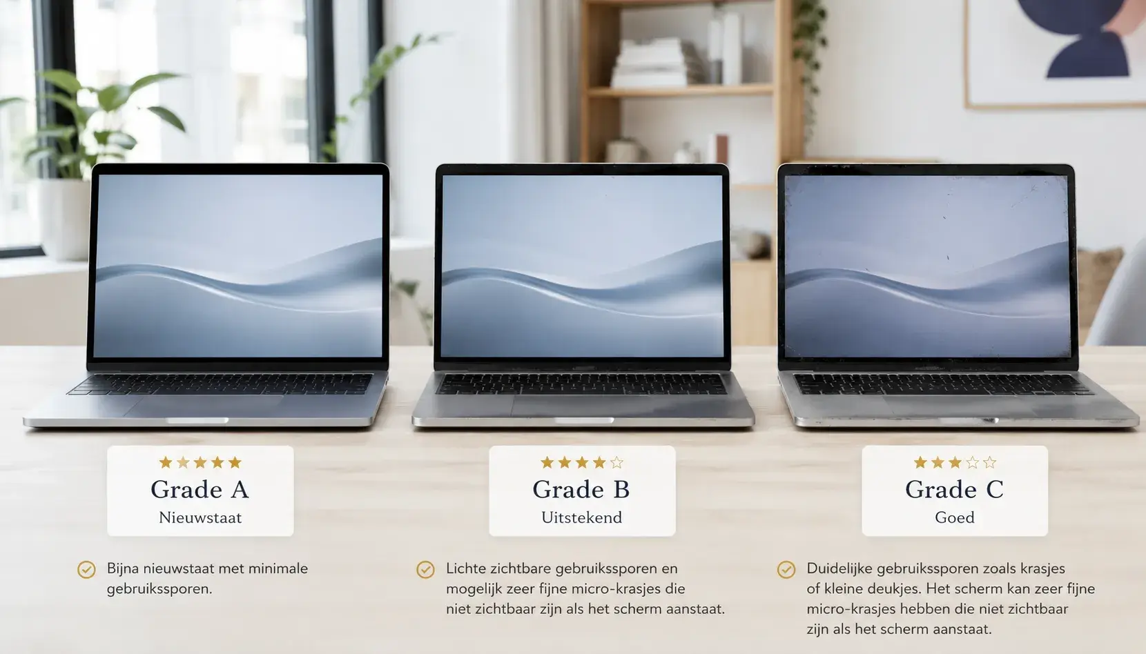 Drie refurbished laptops naast elkaar met oplopende gebruikssporen als voorbeeld van grade A, B en C