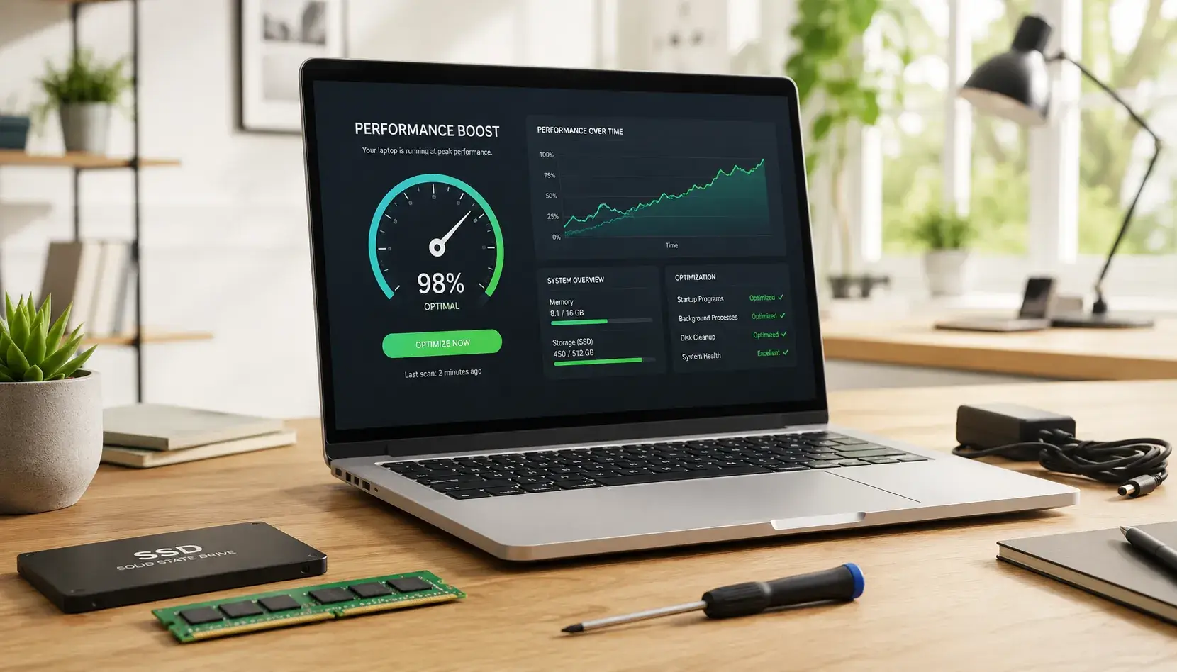 Geopende refurbished laptop op een bureau met een SSD en RAM-module ernaast