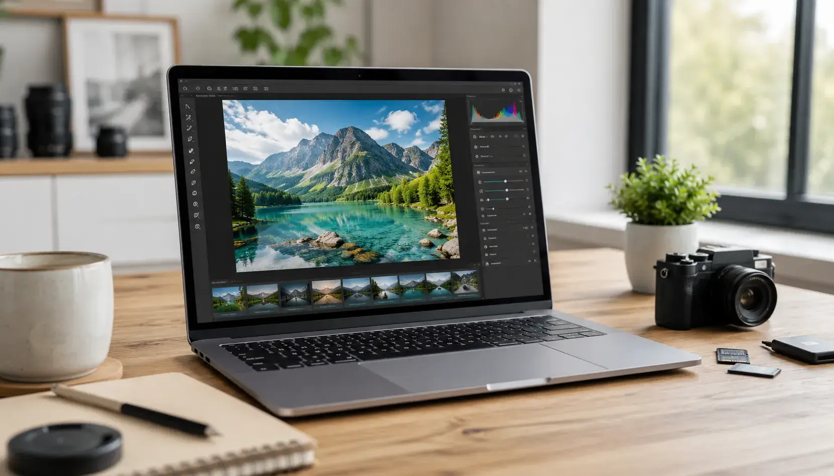 Fotograaf bewerkt een RAW-foto in Lightroom op een refurbished HP ZBook met kleurecht scherm