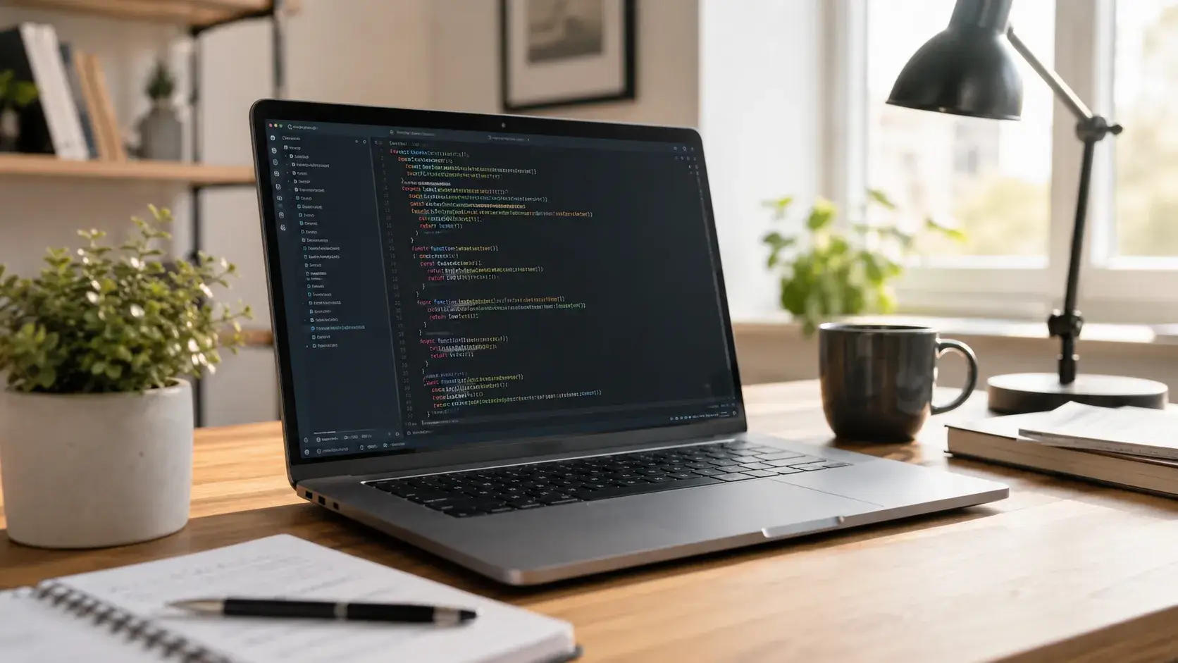 Developer werkt op een refurbished ThinkPad met een code-editor open
