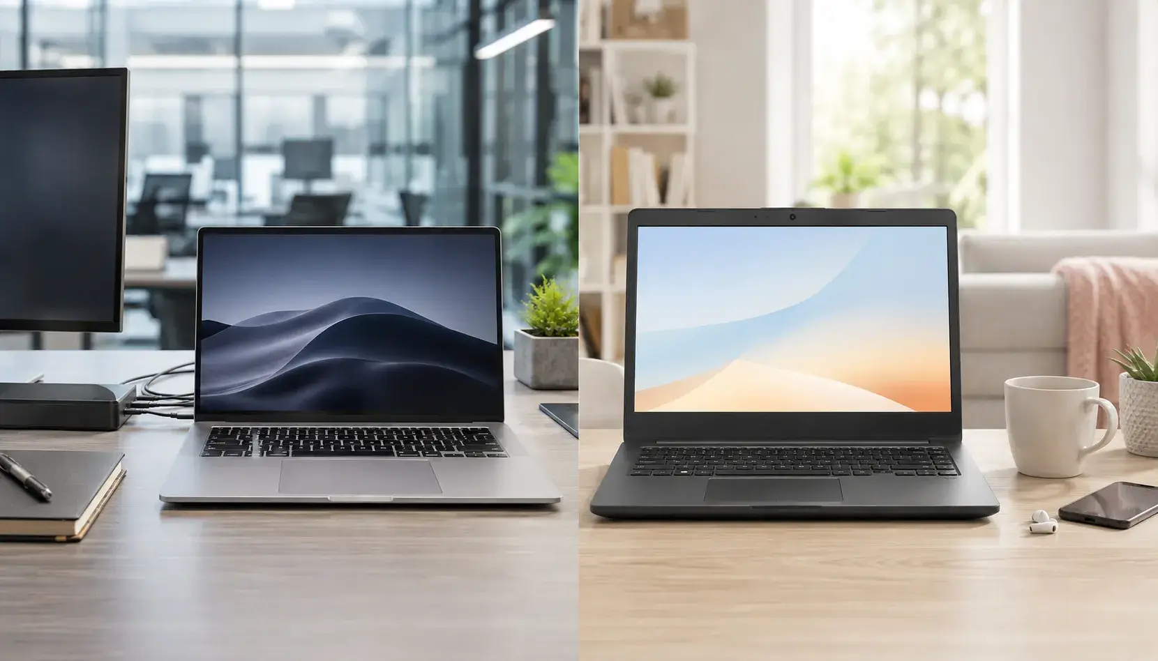 Aluminium zakelijke topserie-laptop naast een plastic consumentenlaptop